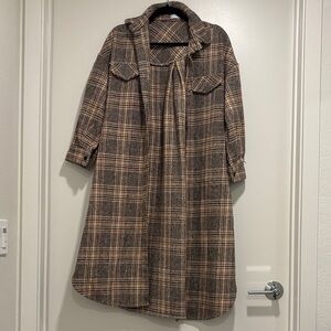 OAK + FORT Plaid Coat in Brown and Tan